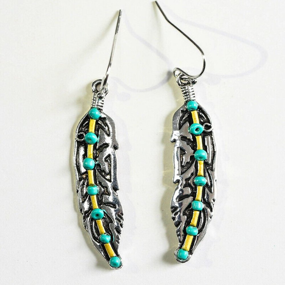 Antique Silver Feather Turquoise Bead Drop Dangle Hook Earrings Bohemia - Picture 3 of 7
